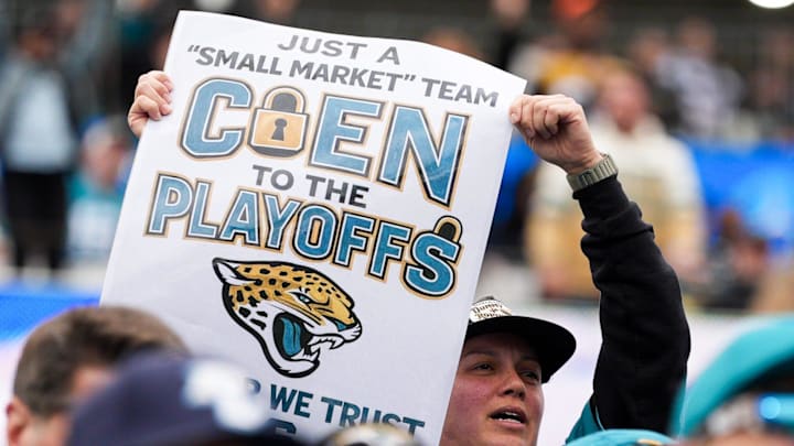 A Jaguar fans shows where support during the second quarter in an NFL football matchup at EverBank Stadium, Sunday, Jan. 4, 2026, in Jacksonville, Fla. [Doug Engle/Florida Times-Union]