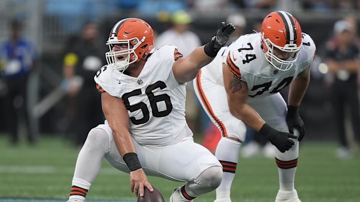Aug 8, 2025; Charlotte, North Carolina, USA; Cleveland Browns center Luke Wypler (56) calls out the defense during the first quarter against the Carolina Panthers at Bank of America Stadium. Mandatory Credit: Jim Dedmon-Imagn Images Aug 8, 2025; Charlotte, North Carolina, USA; Cleveland Browns center Luke Wypler (56) calls out the defense during the first quarter against the Carolina Panthers at Bank of America Stadium. Mandatory Credit: Jim Dedmon-Imagn Images