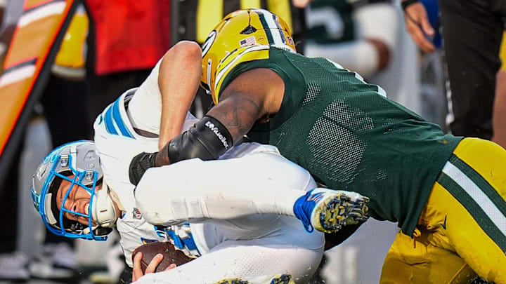 Detroit Lions quarterback Jared Goff is sacked by Green Bay Packers defensive end Micah Parsons on Sunday.