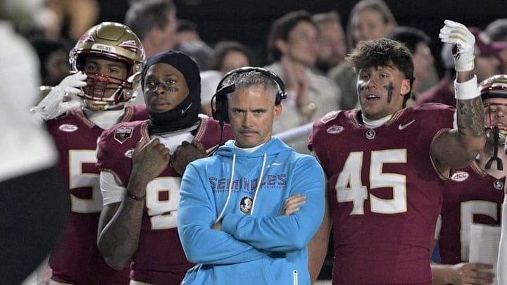 Nov 1, 2025; Tallahassee, Florida, USA; Florida State Seminoles head coach Mike Norvell during the first quarter against the Wake Forest Demon Deacons at Doak S. Campbell Stadium. Mandatory Credit: Melina Myers-Imagn Images