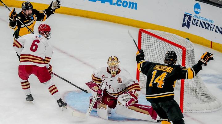 Michigan Tech's Max Koskipirtti ties the game at 1-1 with a first-period goal on Boston College goaltender Jacob Fowler, Friday, March 29, 2024 in the NCAA hockey regionals. Michigan Tech's Max Koskipirtti ties the game at 1-1 with a first-period goal on Boston College goaltender Jacob Fowler, Friday, March 29, 2024 in the NCAA hockey regionals.