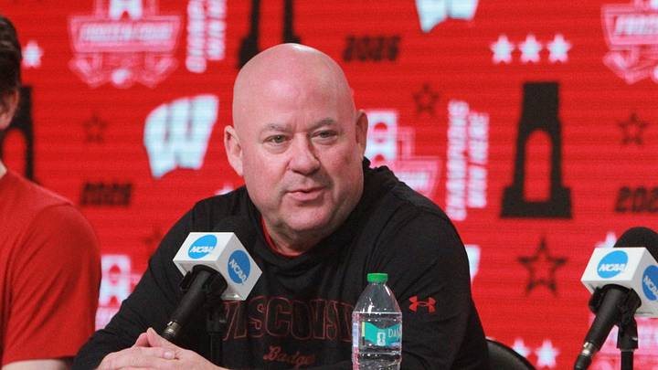Wisconsin coach Mike Hastings answers a question following practice for the Frozen Four at T-Mobile Arena in Las Vegas, Nevada on Wednesday April 8, 2026. Wisconsin coach Mike Hastings answers a question following practice for the Frozen Four at T-Mobile Arena in Las Vegas, Nevada on Wednesday April 8, 2026.