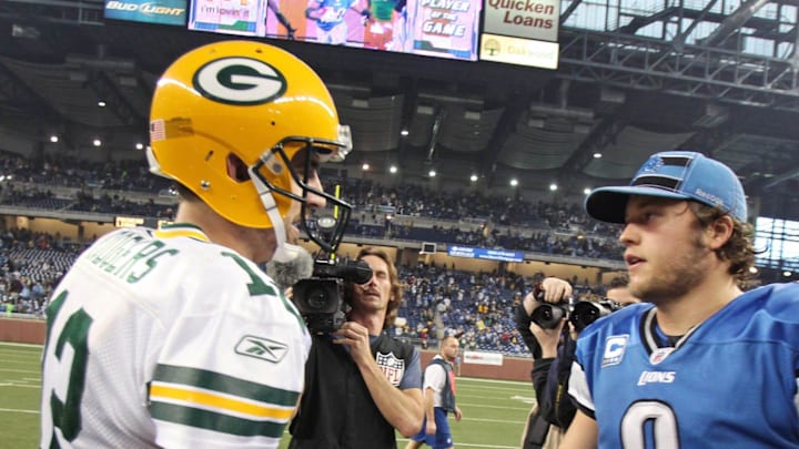 Green Bay Packers#12 Aaron Rodgers greet Detroit Lions quarterback #9 Matthew Stafford during the NFL Thanksgiving day game between the Green Bay Packers-Detroit Lions at Ford Field, Thursday, November 24, 2011. Photo by Rick Wood/RWOOD@JOURNALSENTINEL.COM Green Bay Packers#12 Aaron Rodgers greet Detroit Lions quarterback #9 Matthew Stafford during the NFL Thanksgiving day game between the Green Bay Packers-Detroit Lions at Ford Field, Thursday, November 24, 2011. Photo by Rick Wood/RWOOD@JOURNALSENTINEL.COM