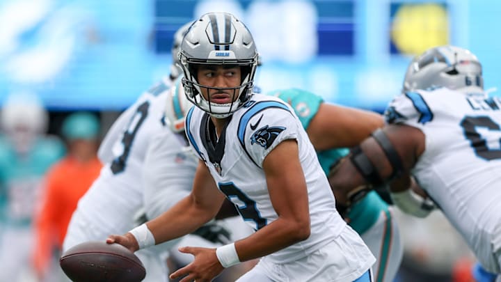 Oct 5, 2025; Charlotte, North Carolina, USA; Carolina Panthers quarterback Bryce Young (9) seen with the ball during the first quarter against the Miami Dolphins at Bank of America Stadium.