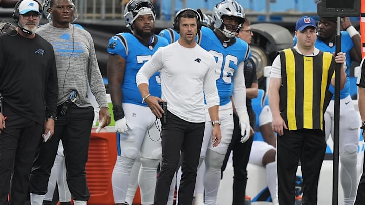 Aug 8, 2025; Charlotte, North Carolina, USA; Carolina Panthers head coach Dave Canales on the sideline during the first quarter against the Cleveland Browns at Bank of America Stadium. Mandatory Credit: Jim Dedmon-Imagn Images