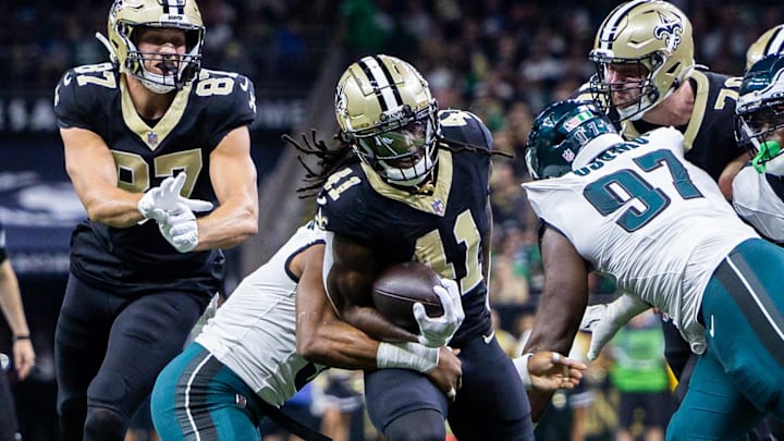Sep 22, 2024; New Orleans, Louisiana, USA; New Orleans Saints running back Alvin Kamara (41) is tackled by Philadelphia Eagles linebacker Nolan Smith Jr. (3) during the first half at Caesars Superdome. Mandatory Credit: Stephen Lew-Imagn Images Sep 22, 2024; New Orleans, Louisiana, USA; New Orleans Saints running back Alvin Kamara (41) is tackled by Philadelphia Eagles linebacker Nolan Smith Jr. (3) during the first half at Caesars Superdome. Mandatory Credit: Stephen Lew-Imagn Images