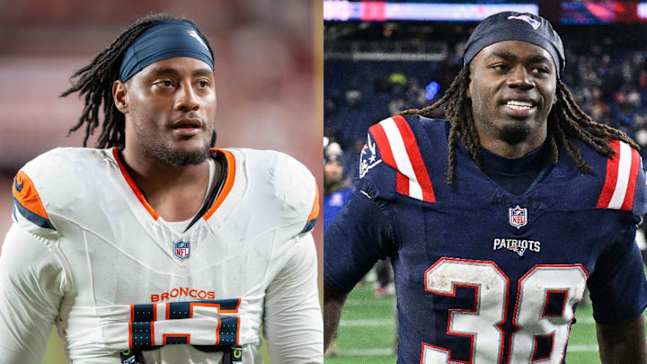 Denver Broncos LB Nik Bonitto and New England Patriots RB Rhamondre Stevenson