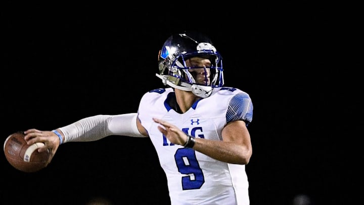 IMG Academy's JJ Mccarthy (9) throws against Ravenwood during the first half at Ravenwood High School in Brentwood, Tenn., Friday, Sept. 25, 2020.

Rhs Img 092520 An 012