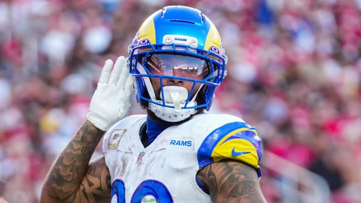 Nov 9, 2025; Santa Clara, California, USA; Los Angeles Rams running back Kyren Williams (23) celebrates after running for a touchdown during the fourth quarter against the San Francisco 49ers at Levi's Stadium. Mandatory Credit: Cary Edmondson-Imagn Images
