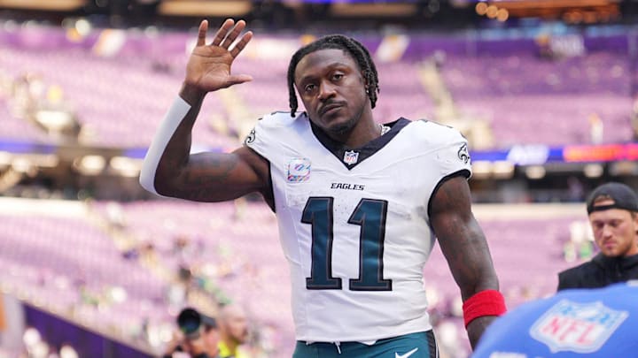 Oct 19, 2025; Minneapolis, Minnesota, USA; Philadelphia Eagles wide receiver A.J. Brown (11) waves to the fans after the game against the Minnesota Vikings at U.S. Bank Stadium. 