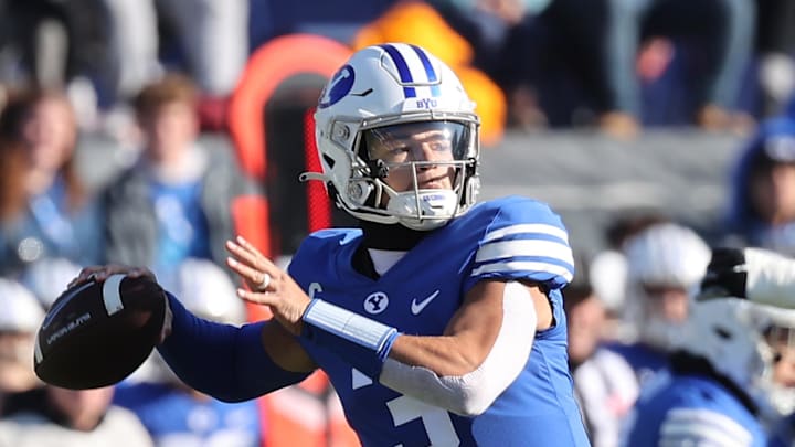 Nov 19, 2022; Provo, Utah, USA; Brigham Young Cougars quarterback Jaren Hall (3) throws the ball