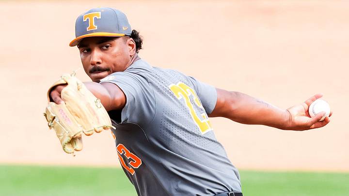 Tennessee's Marcus Phillips (23) throws the ball during game one of the NCAA baseball tournament Fayetteville Super Regional between Tennessee and Arkansas held at Baum-Walker Stadium on Saturday, June 7, 2025. Tennessee's Marcus Phillips (23) throws the ball during game one of the NCAA baseball tournament Fayetteville Super Regional between Tennessee and Arkansas held at Baum-Walker Stadium on Saturday, June 7, 2025.