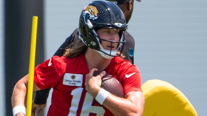 Jacksonville Jaguars quarterback Trevor Lawrence (16) runs a drill during the fourth organized team activity at the Miller Electric Center in Jacksonville, Fla. Tuesday, May 27, 2025. [Doug Engle/Florida Times-Union]
