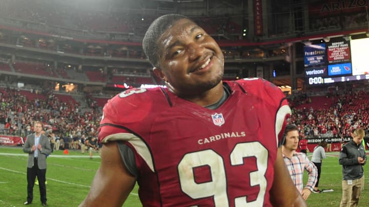 Oct 23, 2016; Glendale, AZ, USA; Arizona Cardinals defensive end Calais Campbell (93) looks on after tieing the Seattle Seahawks 6-6 in overtime at University of Phoenix Stadium. Mandatory Credit: Matt Kartozian-Imagn Images