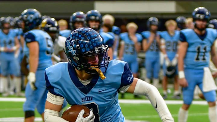Becker football senior Mitchell Soltau runs the ball in the Class 4A state championship against Totino-Grace on Nov. 22, 2024 at U.S. Bank Stadium in Minneapolis