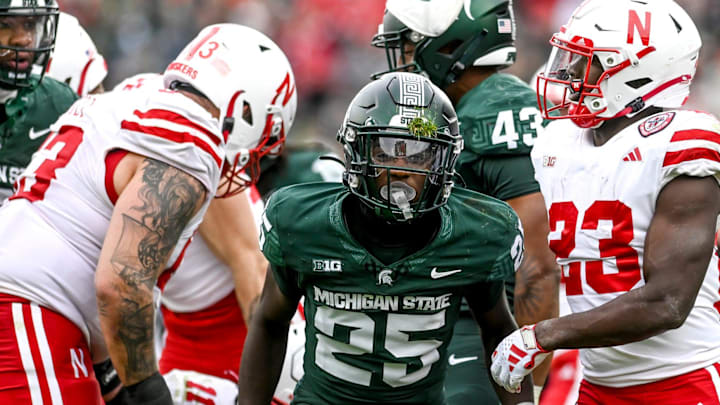 Michigan State's Chance Rucker celebrates after a defensive stop against Nebraska during the third quarter on Saturday, Nov. 4, 2023, at Spartan Stadium in East Lansing.