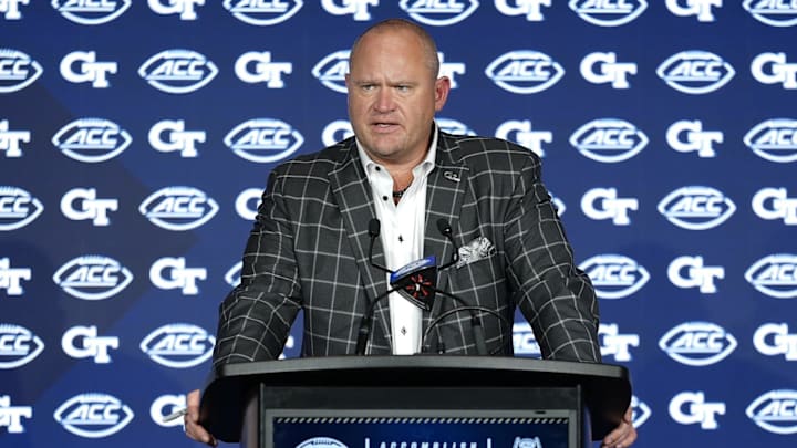 Jul 23, 2025; Charlotte, NC, USA; Georgia Tech Head Coach Brent Key answers questions from the media during ACC Media days at Hilton Charlotte Uptown. Mandatory Credit: Jim Dedmon-Imagn Images