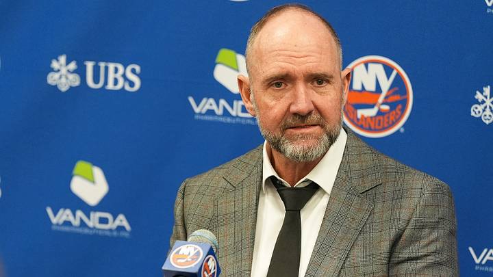 Apr 12, 2026; Elmont, New York, USA; New York Islanders head coach Peter DeBoer speaks to the media after a game against the Montreal Canadiens at UBS Arena. Mandatory Credit: Alexander Wohl-Imagn Images Apr 12, 2026; Elmont, New York, USA; New York Islanders head coach Peter DeBoer speaks to the media after a game against the Montreal Canadiens at UBS Arena. Mandatory Credit: Alexander Wohl-Imagn Images