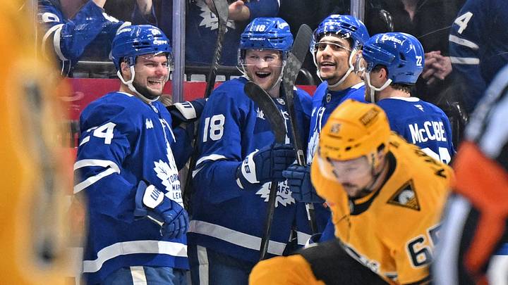 Dec 23, 2025; Toronto, Ontario, CAN; Toronto Maple Leafs forward Steven Lorentz (18) celebrates with forwards Scott Laughton (24) and Dakota Joshua (81) and defenseman Jake McCabe (22) after scoring a goal against the Pittsburgh Penguins in the second period at Scotiabank Arena. Mandatory Credit: Dan Hamilton-Imagn Images Dec 23, 2025; Toronto, Ontario, CAN; Toronto Maple Leafs forward Steven Lorentz (18) celebrates with forwards Scott Laughton (24) and Dakota Joshua (81) and defenseman Jake McCabe (22) after scoring a goal against the Pittsburgh Penguins in the second period at Scotiabank Arena. Mandatory Credit: Dan Hamilton-Imagn Images