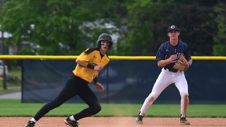 Red Lion's Hunter Koons runs back to second base during the District 3 Class 6A quarterfinals against Cedar Cliff on May 19, 2025, at Cedar Cliff High School.