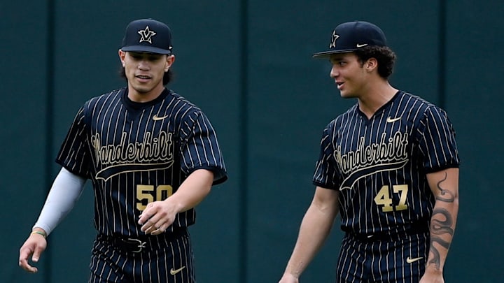 Vanderbilt's Tommy Goodin (47) talks with Aukai Kea (50) before their game against Texas at Hawkins Field on Friday, April 24, 2026, in Nashville, Tenn.