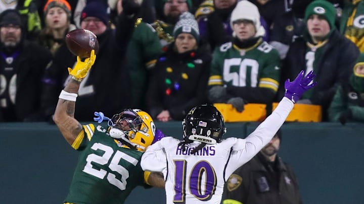 Green Bay Packers cornerback Keisean Nixon (25) breaks up a pass intended for Baltimore Ravens wide receiver Deandre Hopkins (10) in the end zone on Saturday, December 27, 2025, at Lambeau Field in Green Bay, Wis. 
Tork Mason/USA TODAY NETWORK-Wisconsin