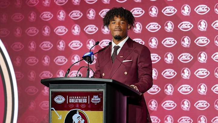 Jul 23, 2025; Charlotte, NC, USA; FSU quarterback Tommy Castellanos answers questions from the media during ACC Media days at Hilton Charlotte Uptown. Mandatory Credit: Jim Dedmon-Imagn Images