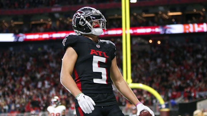 Dec 10, 2023; Atlanta, Georgia, USA; Atlanta Falcons wide receiver Drake London (5) reacts after a