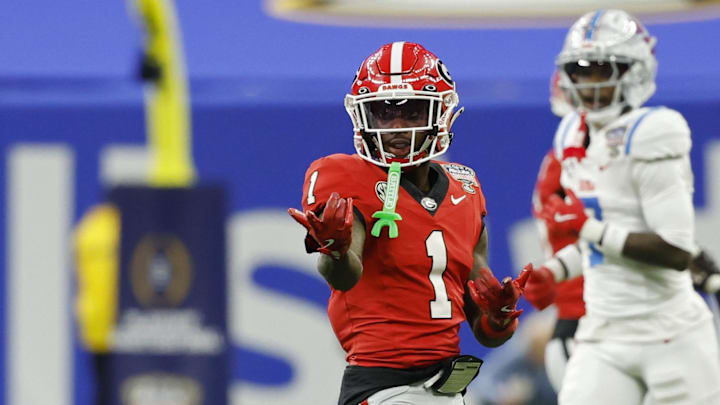 Jan 1, 2026; New Orleans, LA, USA; Georgia Bulldogs wide receiver Zachariah Branch (1) gestures after a first down against the Mississippi Rebels during the 2026 Sugar Bowl and quarterfinal game of the College Football Playoff at Caesars Superdome. 