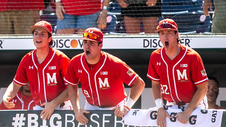 Maryland's Simmi Whitehill, center, cheers on teammates during a semifinal game of the Big Ten Baseball Tournament against Nebraska, Saturday, May 27, 2023, at Charles Schwab Field in Omaha, Neb. Maryland's Simmi Whitehill, center, cheers on teammates during a semifinal game of the Big Ten Baseball Tournament against Nebraska, Saturday, May 27, 2023, at Charles Schwab Field in Omaha, Neb.