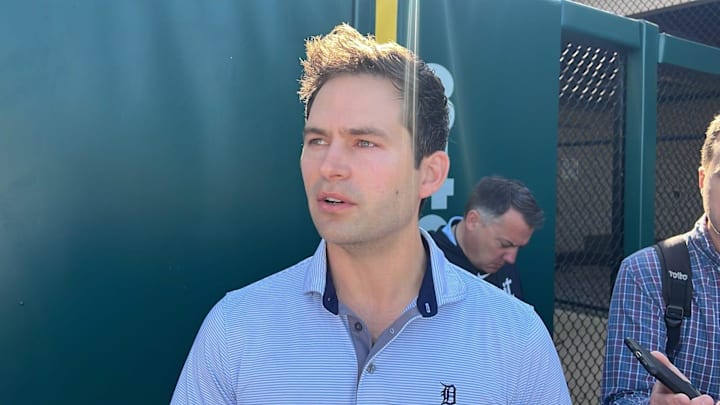 Detroit Tigers president of baseball operations Scott Harris speaks Feb. 23, 2024, at Joker Marchant Stadium in Lakeland, Fla. Detroit Tigers president of baseball operations Scott Harris speaks Feb. 23, 2024, at Joker Marchant Stadium in Lakeland, Fla.