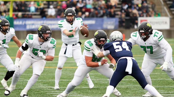 Ryan Holmes, Tristan Brester and Kalani Ioapo were part of a West Linn offensive line that kept Lions quarterback Baird Gilroy upright throughout Friday's 6A Open state championship game against Lake Oswego.