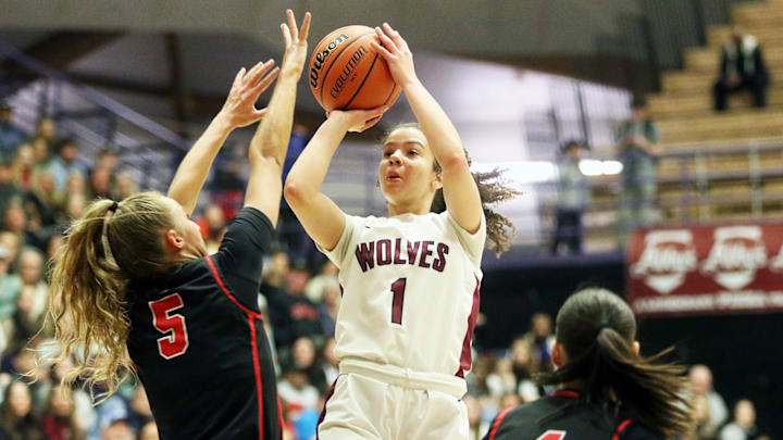 Tualatin freshman Love Lei Best goes up for a jump shot in the Class 6A state championship game against Clackamas. Best scored a game-high 26 points in the Timberwolves’ 63-58 victory.