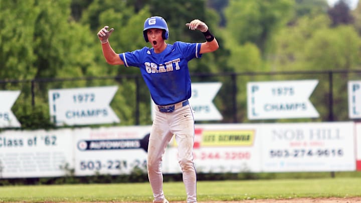 Grant sophomore Grant Snidow gestures toward the Generals’ dugout after hitting a sixth-inning triple during the team’s 3-0 win at Wells.