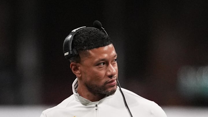 Jan 20, 2025; Atlanta, GA, USA; Notre Dame Fighting Irish head coach Marcus Freeman reacts against the Ohio State Buckeyes in the second half in the CFP National Championship college football game at Mercedes-Benz Stadium. Mandatory Credit: Dale Zanine-Imagn Images