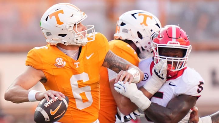 Tennessee quarterback Joey Aguilar (6) pulls back to throw during an NCAA college football game against Georgia on September 13, 2025, Knoxville, Tennessee.