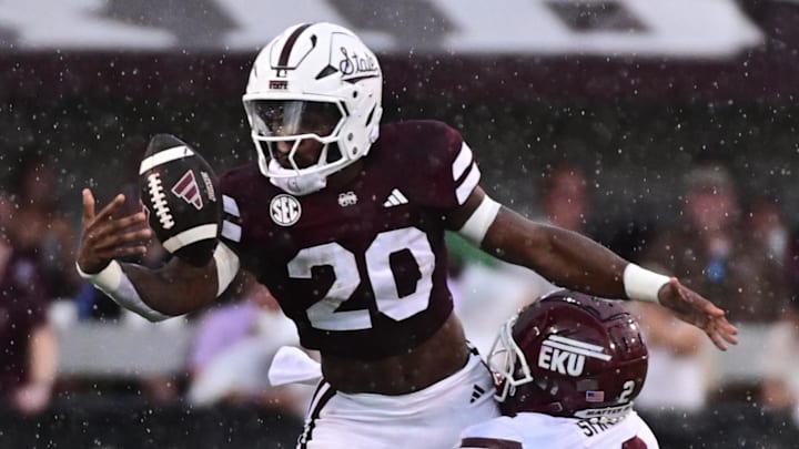 Mississippi State Bulldogs running back Johnnie Daniels loses the ball as he is tackled by Eastern Kentucky Colonels defensive back Mike Smith Jr. during the first quarter at Davis Wade Stadium at Scott Field. Mississippi State Bulldogs running back Johnnie Daniels loses the ball as he is tackled by Eastern Kentucky Colonels defensive back Mike Smith Jr. during the first quarter at Davis Wade Stadium at Scott Field.