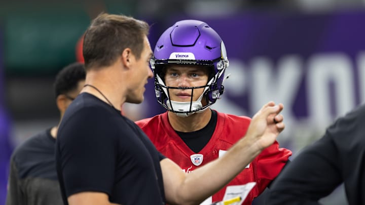 Vikings head coach Kevin O'Connell instructs quarterback J.J. McCarthy during practice. Vikings head coach Kevin O'Connell instructs quarterback J.J. McCarthy during practice.