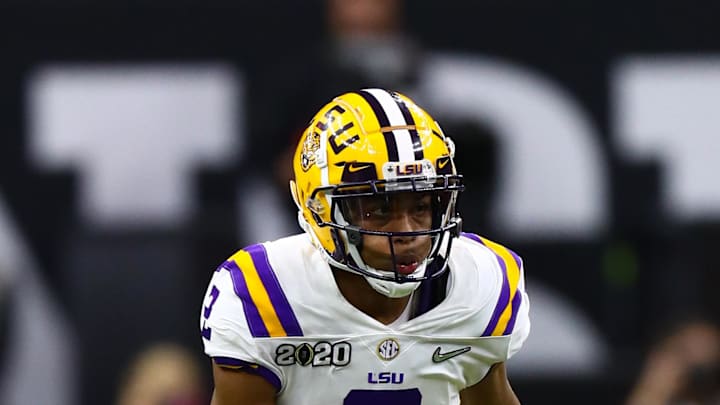 Jan 13, 2020; New Orleans, Louisiana, USA; LSU Tigers receiver Justin Jefferson (2) in action against the Clemson Tigers in the College Football Playoff national championship game at Mercedes-Benz Superdome. Mandatory Credit: Matthew Emmons-USA TODAY Sports