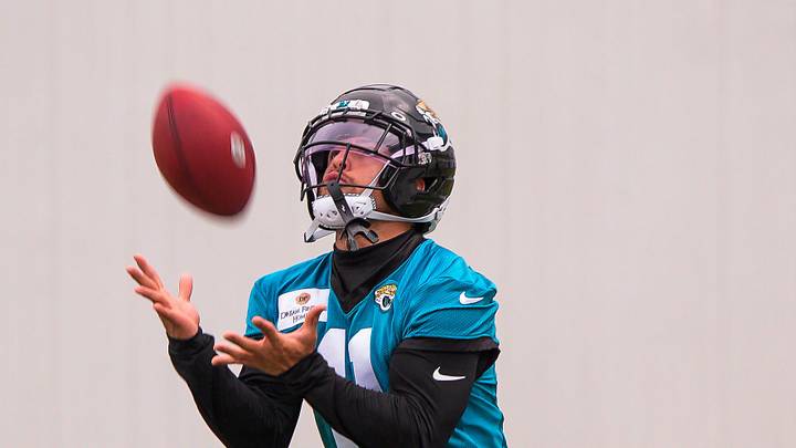 Jaguars wide receiver Parker Washington (11) catches punts during the Jaguars’ fourth OTA of the year, Monday June 1, 2026 at the Miller Electric Center in Jacksonville, Fla. [Doug Engle/Florida Times-Union]
