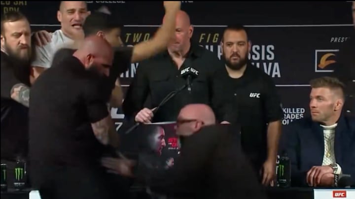 A fan rushed the stage at the UFC 297 press conference
