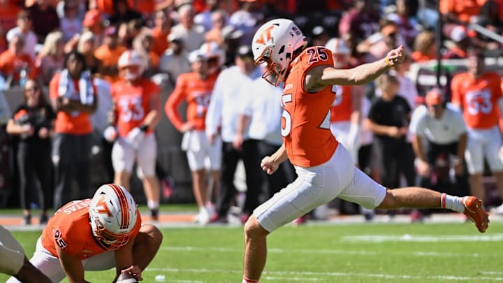 Oct 4, 2025; Blacksburg, Virginia, USA; Virginia Tech Hokies punter Nick Veltsistas (95) holds the ball for place kicker John Love (25) to kick a field goal against the Wake Forest Demon Deacons
during the third quarter at Lane Stadium. Mandatory Credit: Brian Bishop-Imagn Images Oct 4, 2025; Blacksburg, Virginia, USA; Virginia Tech Hokies punter Nick Veltsistas (95) holds the ball for place kicker John Love (25) to kick a field goal against the Wake Forest Demon Deacons
during the third quarter at Lane Stadium. Mandatory Credit: Brian Bishop-Imagn Images