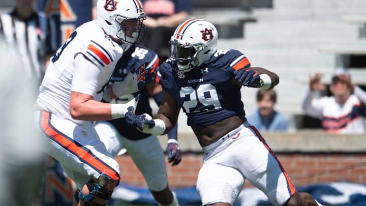 Auburn Tigers edge Derick Hall (29) rushes the line during the A-Day spring practice at Jordan-Hare Stadium in Auburn, Ala., on Saturday, April 9, 2022.