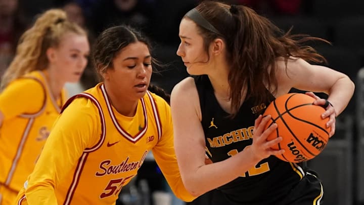 Mar 8, 2025; Indianapolis, IN, USA; South California Trojans guard Talia von Oelhoffen (55) defends against Michigan Wolverines guard Syla Swords (12) during the second half of the Big Ten Conference Tournament semifinals at Gainbridge Fieldhouse. Mandatory Credit: Stephanie Amador Blondet-Imagn Images