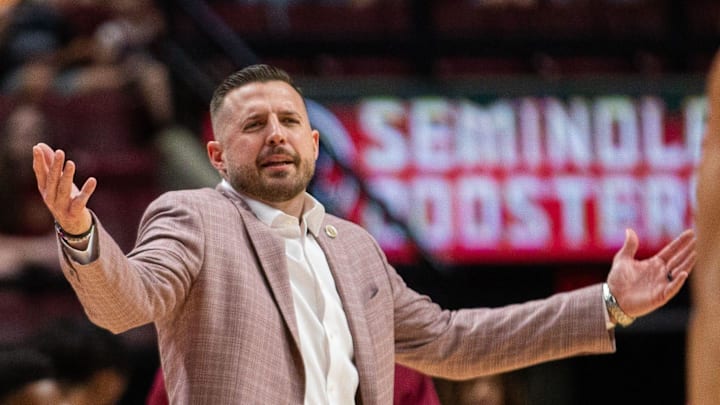 Florida State Seminoles head coach Luke Loucks argues with a referee about a call made. The Florida State Seminoles hosted the Southern Methodist University Mustangs at the Tucker Civic Center on Saturday, March 7, 2026.