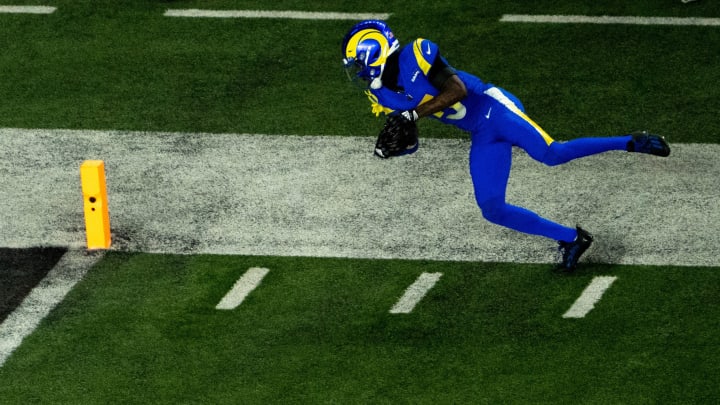 Los Angeles Rams wide receiver Tutu Atwell (5) steps out of bounds while attempting to score in the first quarter of the NFL game between the Cincinnati Bengals and Los Angeles Rams at Paycor Stadium in Cincinnati on Monday, Sept. 25, 2023.