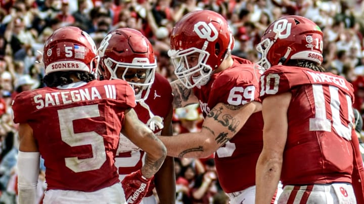 Oklahoma wide receiver Isaiah Sategna, running back Xavier Robinson, offensive lineman Jake Maikkula, quarterback John Mateer Oklahoma wide receiver Isaiah Sategna, running back Xavier Robinson, offensive lineman Jake Maikkula, quarterback John Mateer