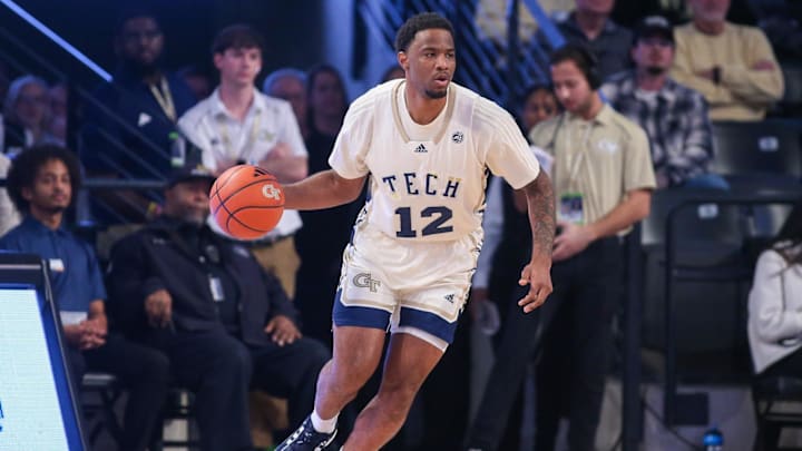 Feb 6, 2024; Atlanta, Georgia, USA; Georgia Tech Yellow Jackets forward Tyzhaun Claude (12) dribbles against the Wake Forest Demon Deacons in the first half at McCamish Pavilion. Mandatory Credit: Brett Davis-USA TODAY Sports
