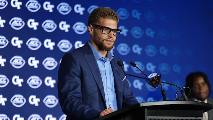 Jul 23, 2025; Charlotte, NC, USA; Georgia Tech linebacker Kyle Efford answers questions from the media during ACC Media days at Hilton Charlotte Uptown. Mandatory Credit: Jim Dedmon-Imagn Images