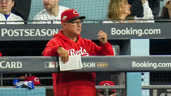 Cincinnati Reds manager Terry Francona looks on from the dugout in the seventh inning of the MLB National League Wild Card Game 1 between the Los Angeles Dodgers and the Cincinnati Reds at Dodger Stadium in Los Angeles on Tuesday, Sept. 30, 2025. The Dodgers won game 1 of the series, 10-5.